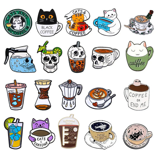 Cat Coffee Enamel Pins Skeleton Cocktail Astronaut Brooch Cute Lapel Jewelry Gift