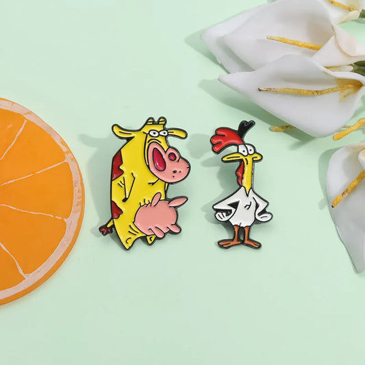 Cartoon Manga Enamel Pins Cute Rooster Cow Brooches Lapel Badges Animal Jewelry Gift