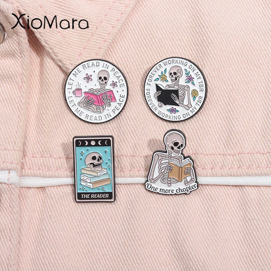 Skeleton Reading Enamel Pin Book Lover Brooch Lapel Badge Gift