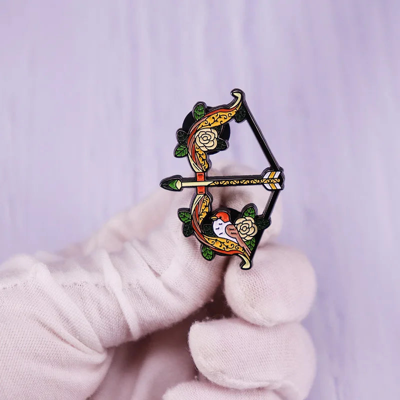 Sparrow Bow Arrow Enamel Pin Brooch Green Leaf Flower Badge Hunter Jewelry Gift