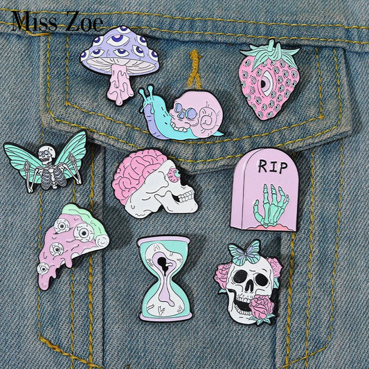 Custom Pink Punk Skeleton Butterfly Pizza Hourglass Strawberry Gothic Enamel Pins Brooch Lapel Badges