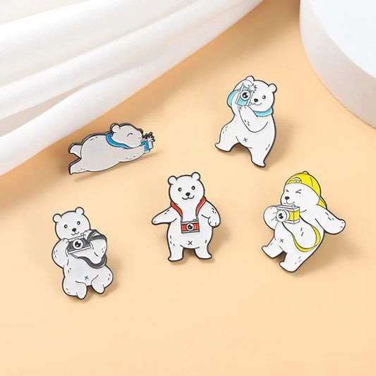 White Bear Enamel Pin Set - Cartoon Koala Sloth Cat Ocean Heart Brooches Lapel Pins
