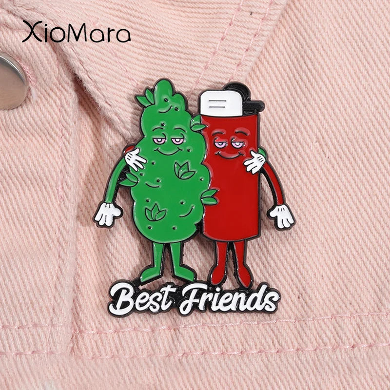 Best Friend Enamel Pins Green Tobacco Plant Red Lighter Brooch Lapel Backpack Badges Jewelry