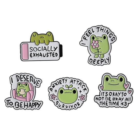 Cute Frog Emotional Quotes Enamel Pin - Socially Exhausted Brooch Badge Jewelry Gift