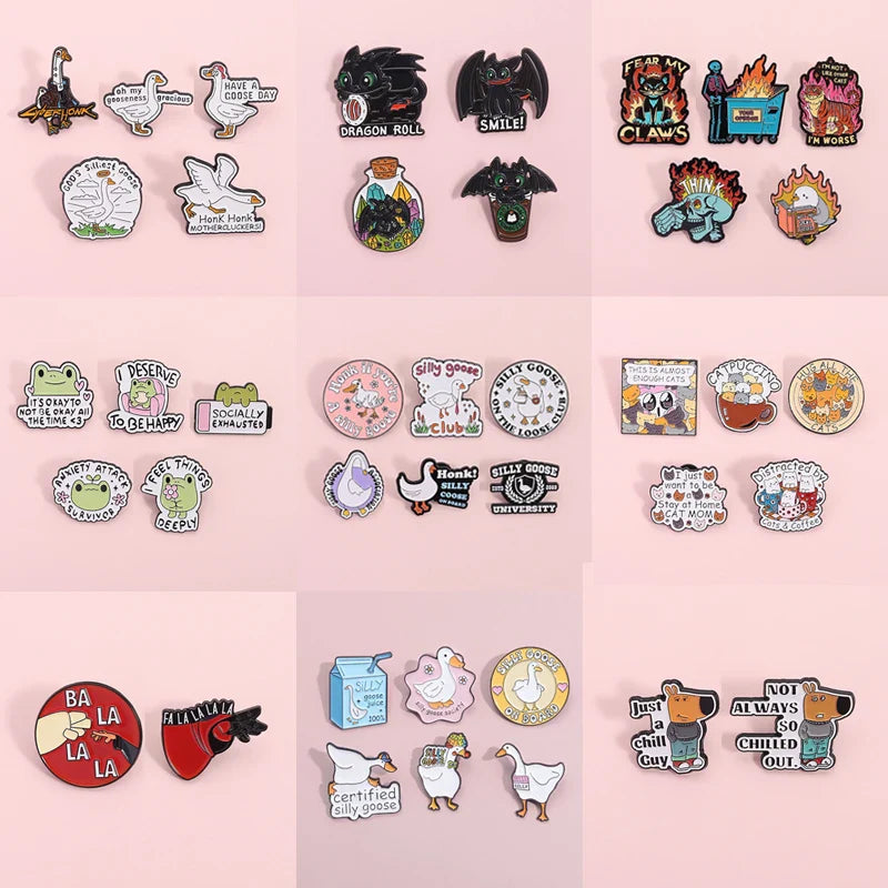 Cartoon Animal Enamel Pins Set Goose Dog Sci-fi Brooch Lapel Badge Jewelry Gifts