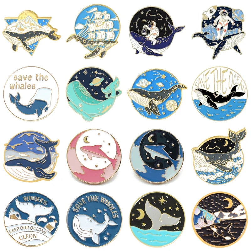 Astronaut Whale Enamel Pin Planet Moon Sea Wave Brooch Fashion Jewelry Gift