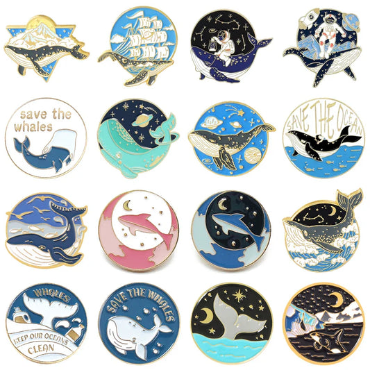 Astronaut Whale Enamel Pin Planet Moon Sea Wave Brooch Fashion Jewelry Gift