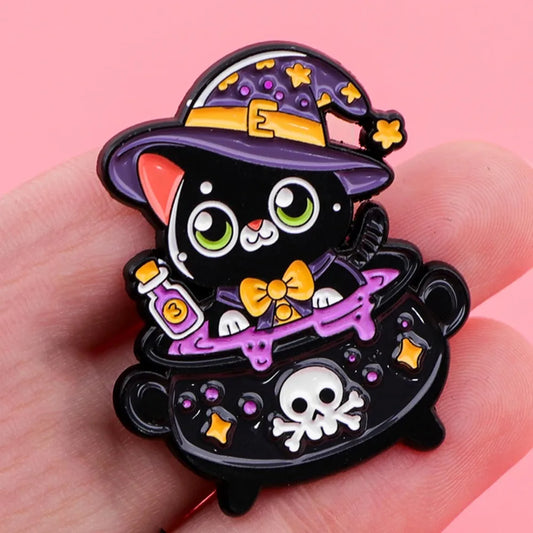 Cute Witch Cat Enamel Pin Kawaii Kitten Brooch Jewelry Gift