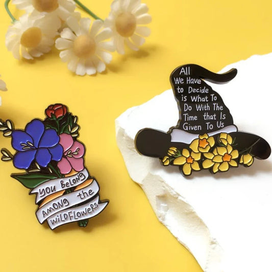 Wild Flowers Witch Hat Enamel Pin Floral Motivational Brooch Jewelry Accessory