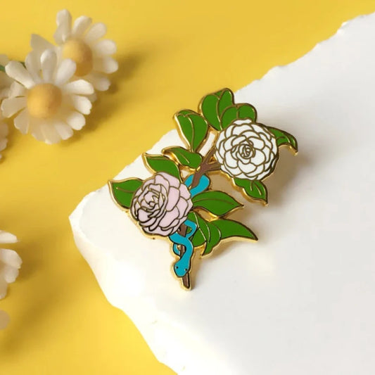 Camellia Flower Enamel Pin Peony Snake Brooch Jewelry Gift Botanists Wholesale