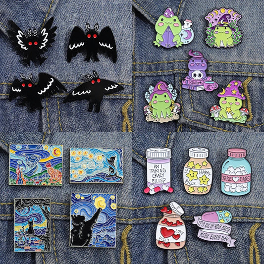 Witch Ghost Enamel Pin Brooch: Frog Skull Cat Bird Flower Bottle Badge
