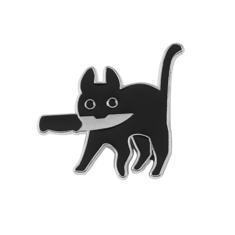 Black Cat Knife Brooch Dripping Oil Metal Badge Accessory
