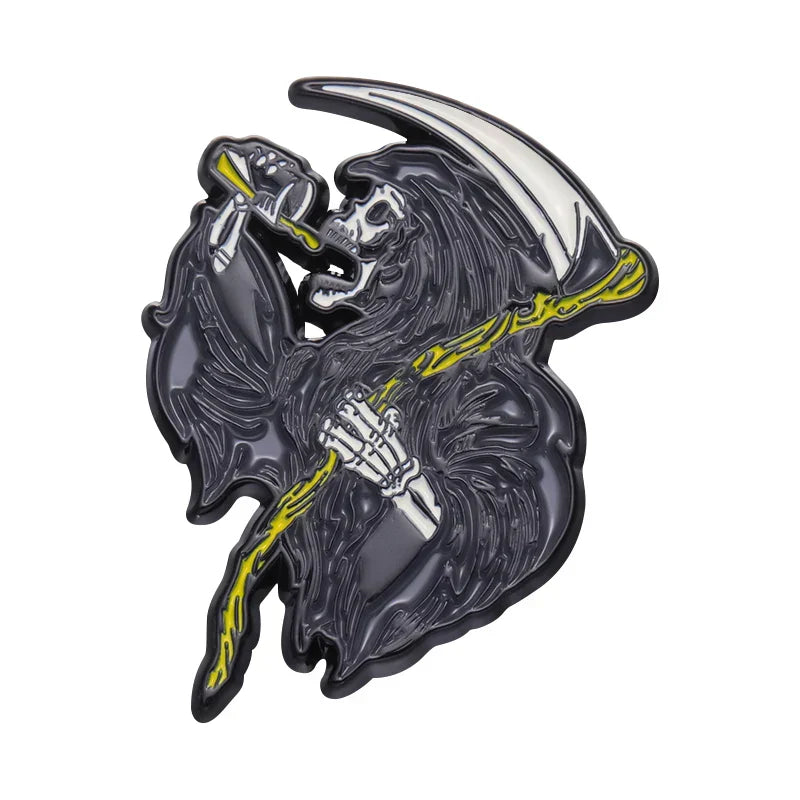 Death Sickle Skull Enamel Pin Ghost Brooch Lapel Dark Punk Jewelry Halloween Gift