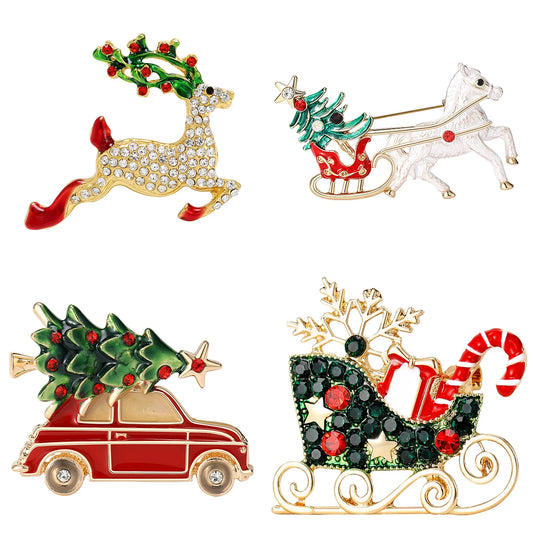 Christmas Sleigh Brooch Rhinestone Deer Pin Jewelry Gift