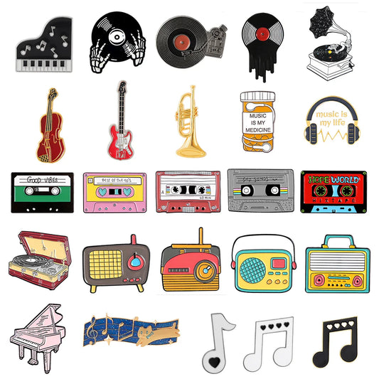 Piano Guitar Music Symbols Record Player Brooch Lapel Pin