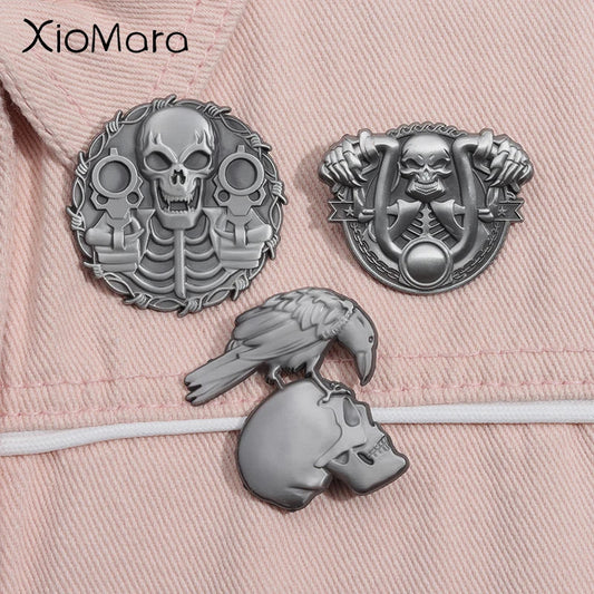 Gothic Raven Skull Enamel Pin with Revolvers Halloween Jewelry Gift