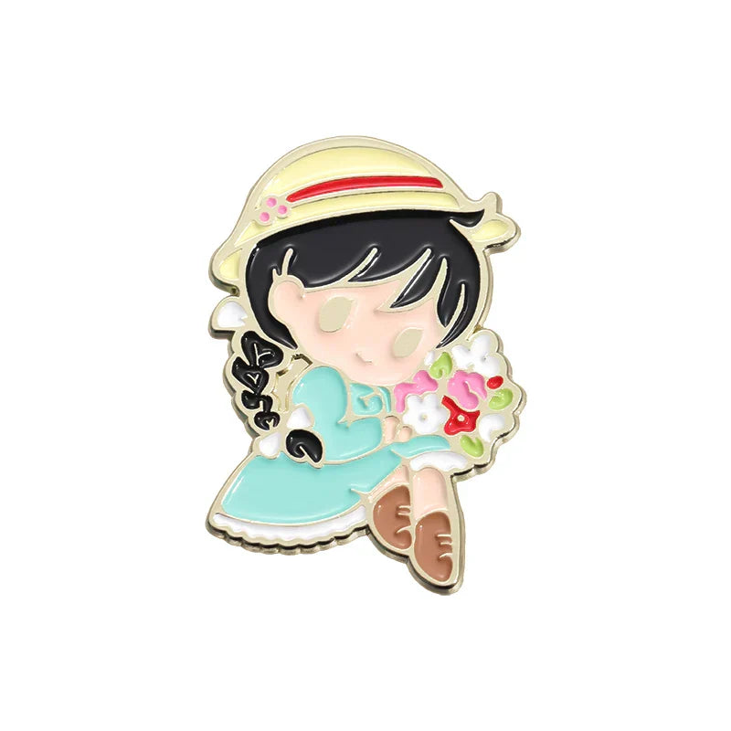 Cute Girl Straw Hat Enamel Pins Flowers Brooches Lapel Badges Cartoon Jewelry Gift for Kids Friends
