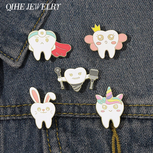 Tooth Enamel Pin Rabbit Dentist Brooch Lapel Hat Gift Jewelry