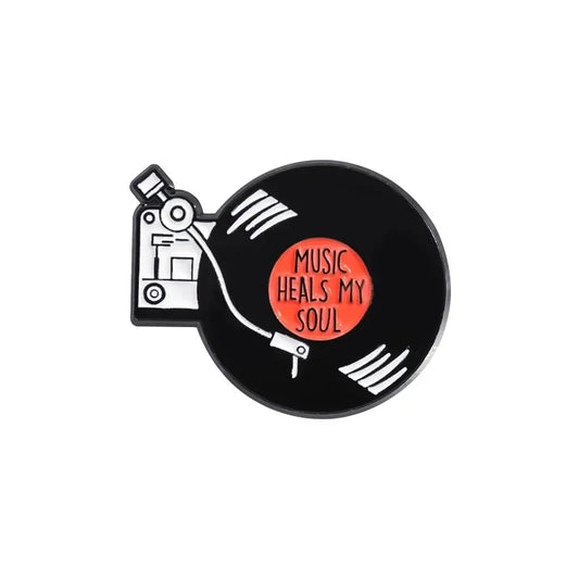 Retro Music Records Brooch Enamel Pin - MUSIC HEALS MY SOUL Lapel Badge Gift for Music Lovers