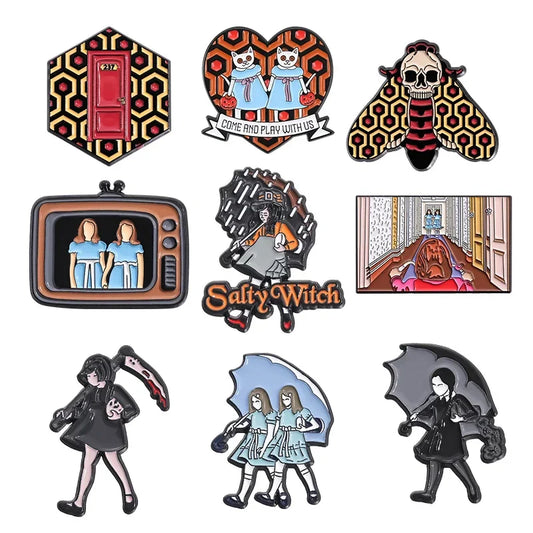Twins Horror Enamel Pins Witch Girl Umbrella Brooch Lapel Badge Halloween Jewelry Gift