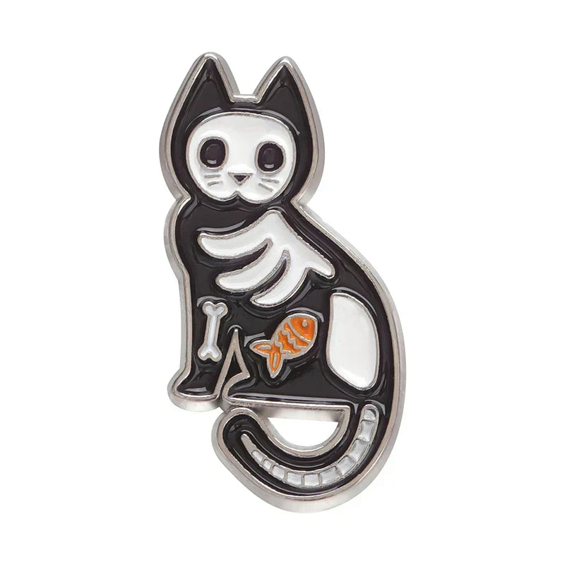Animal Bone Enamel Pins: Dino, Dog, Owl, Cat Brooches, Black Kitten with Knife Jewelry Gift