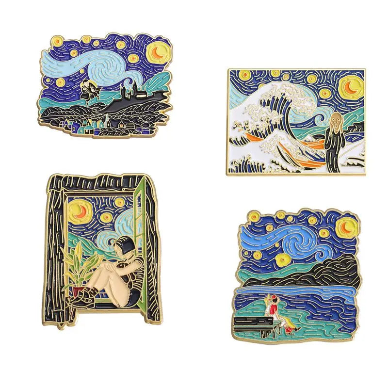 Van Gogh Starry Night Enamel Pins Set - Black Cats Wave Brooches Lapel Badge Jewelry Gifts