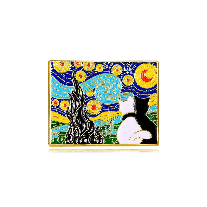Cartoon Black Cat Oil Painting Enamel Pin Sunflower Starry Sky Kitten Brooch Lapel Jewelry