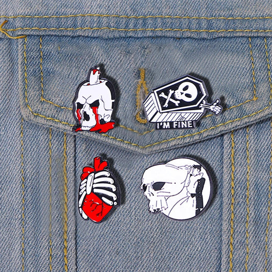 Skeleton Coffin Enamel Pins Bride Groom Heart Candle Brooch Punk Lapel Jewelry