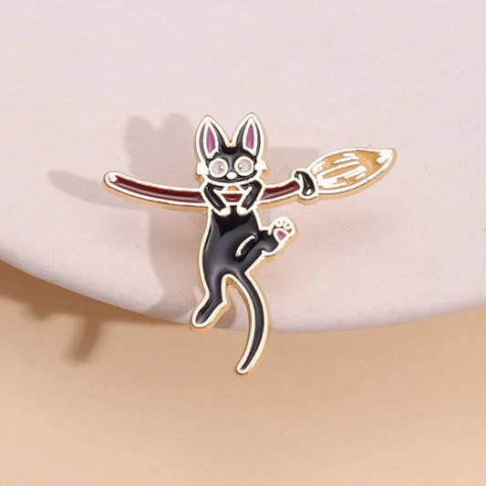 Cartoon Cat Broom Enamel Brooch Lapel Pin Jewelry Accessories
