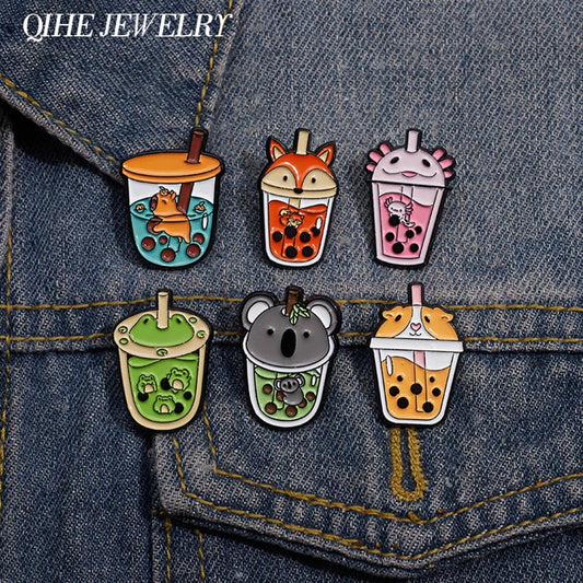 Cartoon Animal Milk Tea Enamel Pin Hippo Fox Frog Dog Brooches Lapel Backpack Badges Wholesale