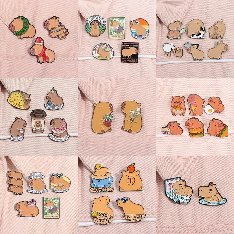 Capybara Hippo Enamel Pins Set Cartoon Animal Brooch Lapel Badge Jewelry Gifts