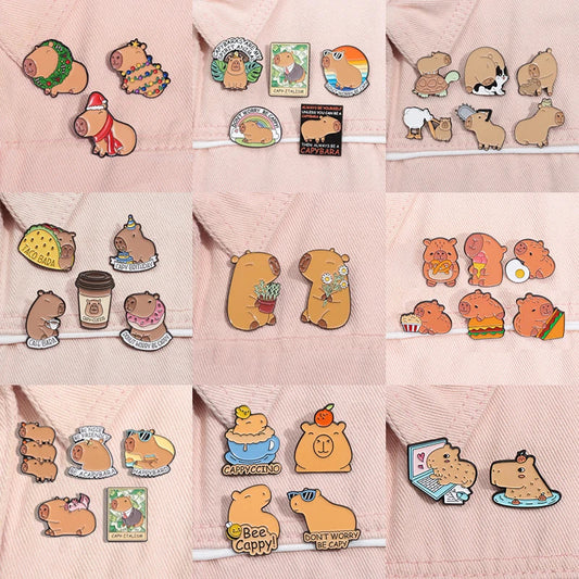 Capybara Hippo Enamel Pins Set Cartoon Animal Brooch Lapel Badge Jewelry Gifts