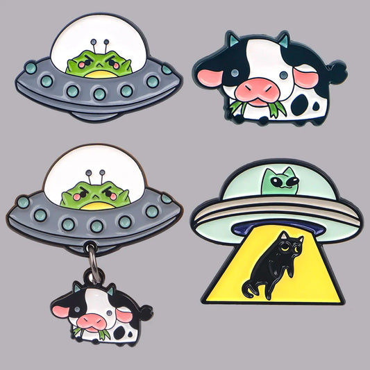 UFO Alien Enamel Pin Cute Animal Brooch Lapel Pins Cow Frog Badge Fashion Jewelry Gifts
