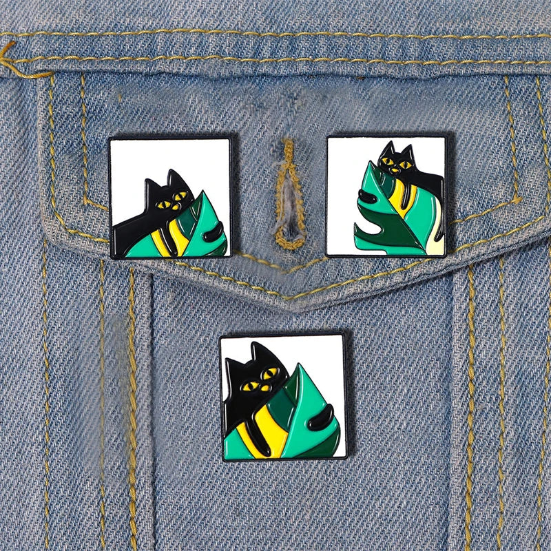 Cartoon Black Cat Monstera Enamel Pin Cute Lapel Brooch Gift
