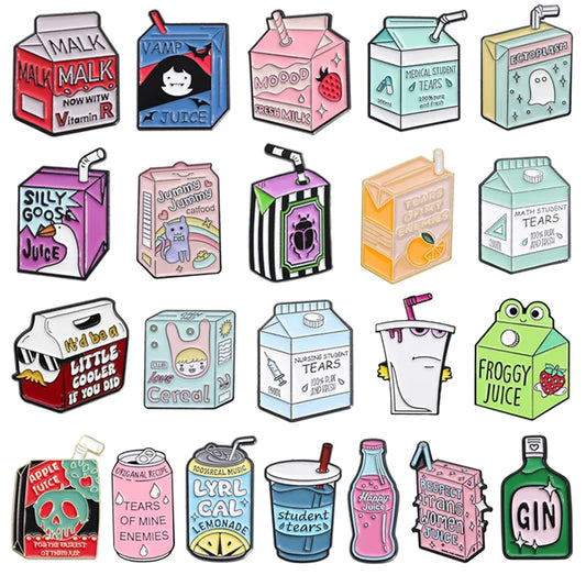 Cartoon Drink Box Enamel Pins Silly Goose Juice Vamp Insect Metal Brooch Lapel Badge Funny Jewelry Gifts