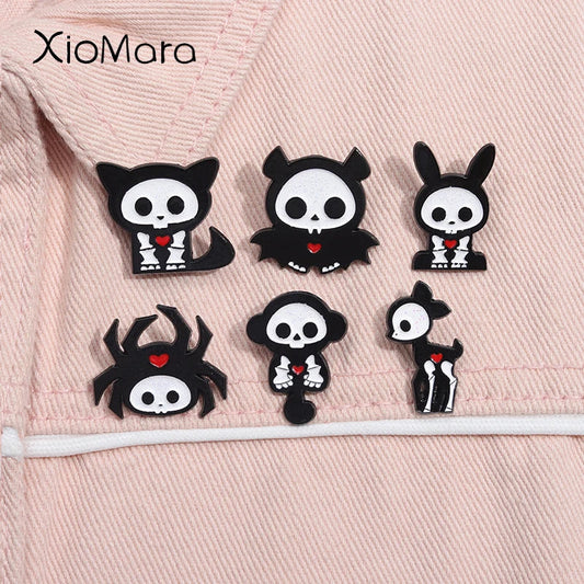 Skeleton Cat Enamel Pin Spider Rabbit Heart Brooch Lapel Badge Jewelry Gift