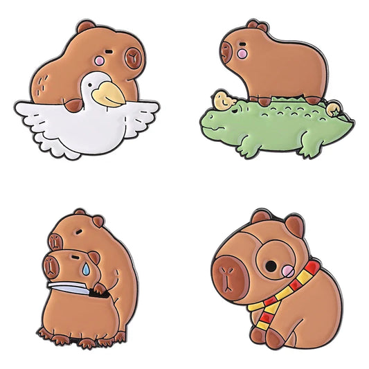 Cartoon Capybara & Crocodile Pigeon Enamel Pins Animal Harmony Brooch Lapel Badge Gift
