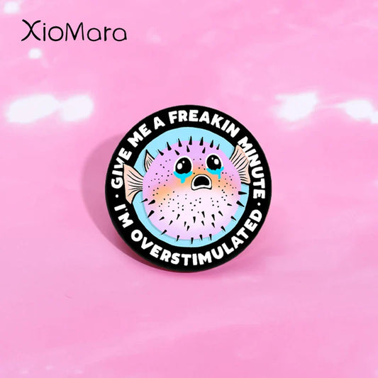 Cartoon Pufferfish Enamel Pin Overstimulated Brooch Lapel Badge Gift