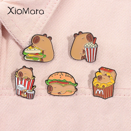 Capybara Hamburger Hippo Enamel Pin Cartoon Brooch Lapel Badge Jewelry Gift