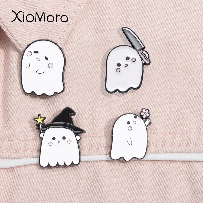 Halloween Ghost Enamel Pin Kawaii Flower Crown Brooch Lapel Badge Gift