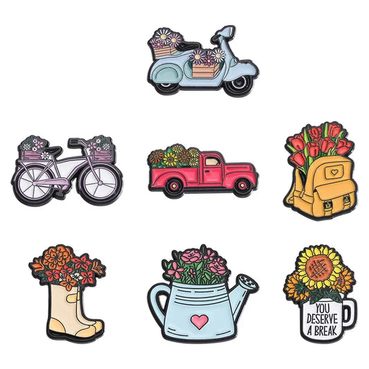 Romantic Retro Bicycle Flower Basket Enamel Pin Lapel Badge