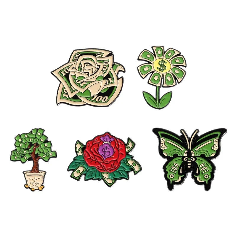 Dollar Money Flower Brooch Enamel Pin Jewelry Gift