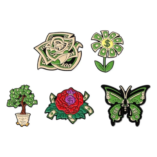 Dollar Money Flower Brooch Enamel Pin Jewelry Gift