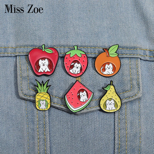 Cartoon Fruit Cat Enamel Pins Watermelon Strawberry Pineapple Brooches Lapel Badges Jewelry Gift