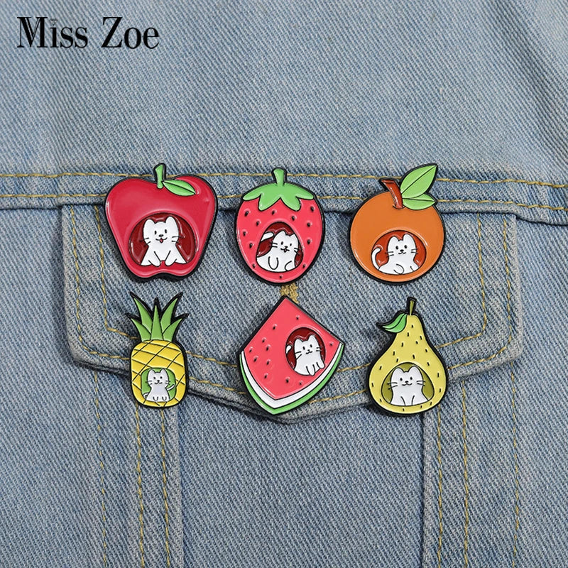 Cartoon Fruit Cat Enamel Pins Watermelon Strawberry Pineapple Brooches Lapel Badges Jewelry Gift