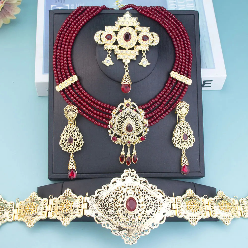 Sunspicems Gold Caftan Belt Waist Chain Beads Choker Necklace Earrings Bridal Jewelry