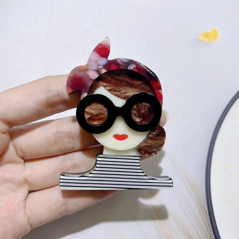 Colorful Stripes Bowknot Glasses Lady Brooch Acrylic Pin Gift