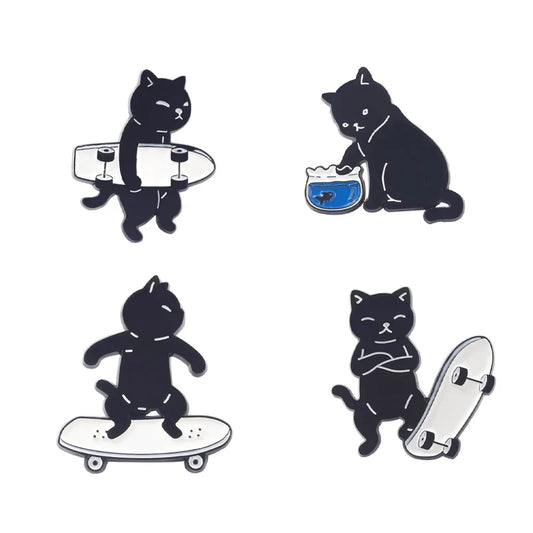 Black Cat Skateboard Enamel Pins Brooches Jewelry Gifts