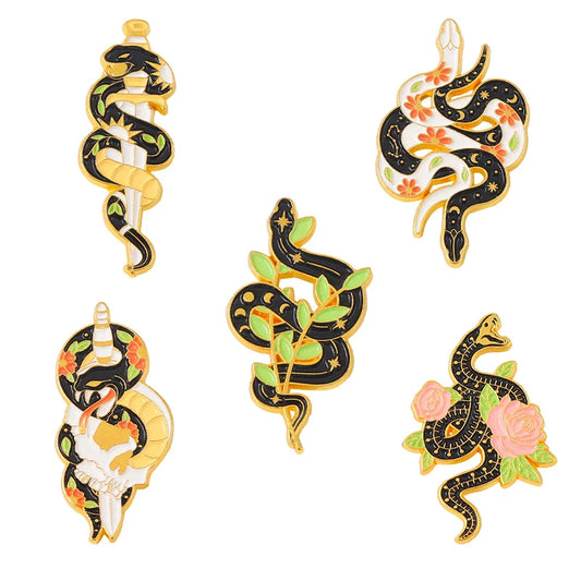 Black Snake Sword Flower Enamel Lapel Pins Jewelry Gifts