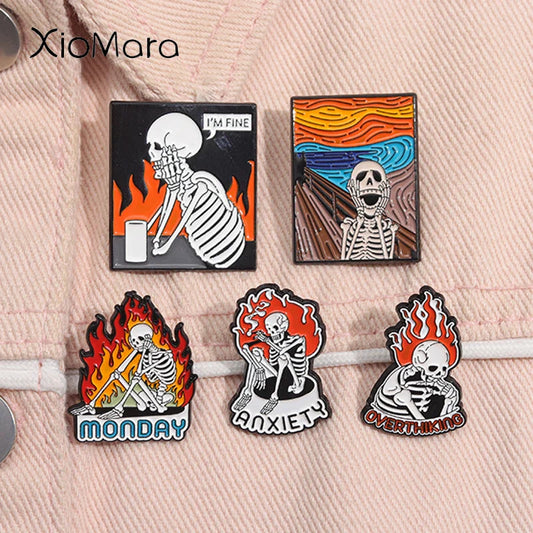 Creative Skeleton Oil Painting Enamel Pins Anxiety Metal Brooch Lapel Badge Halloween Jewelry Gifts